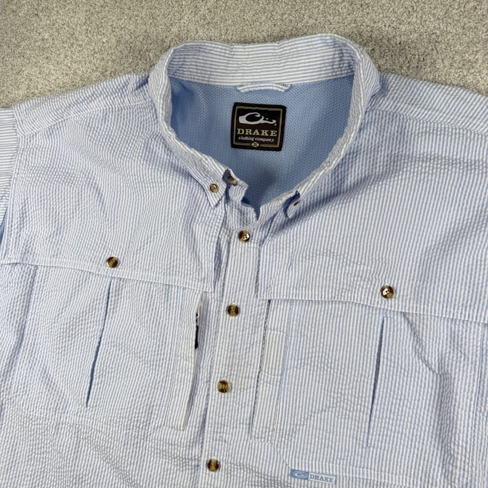 Drake Waterfowl Fishing Shirt Mens 3X Blue Striped Seersucker Short Sleeve Vent